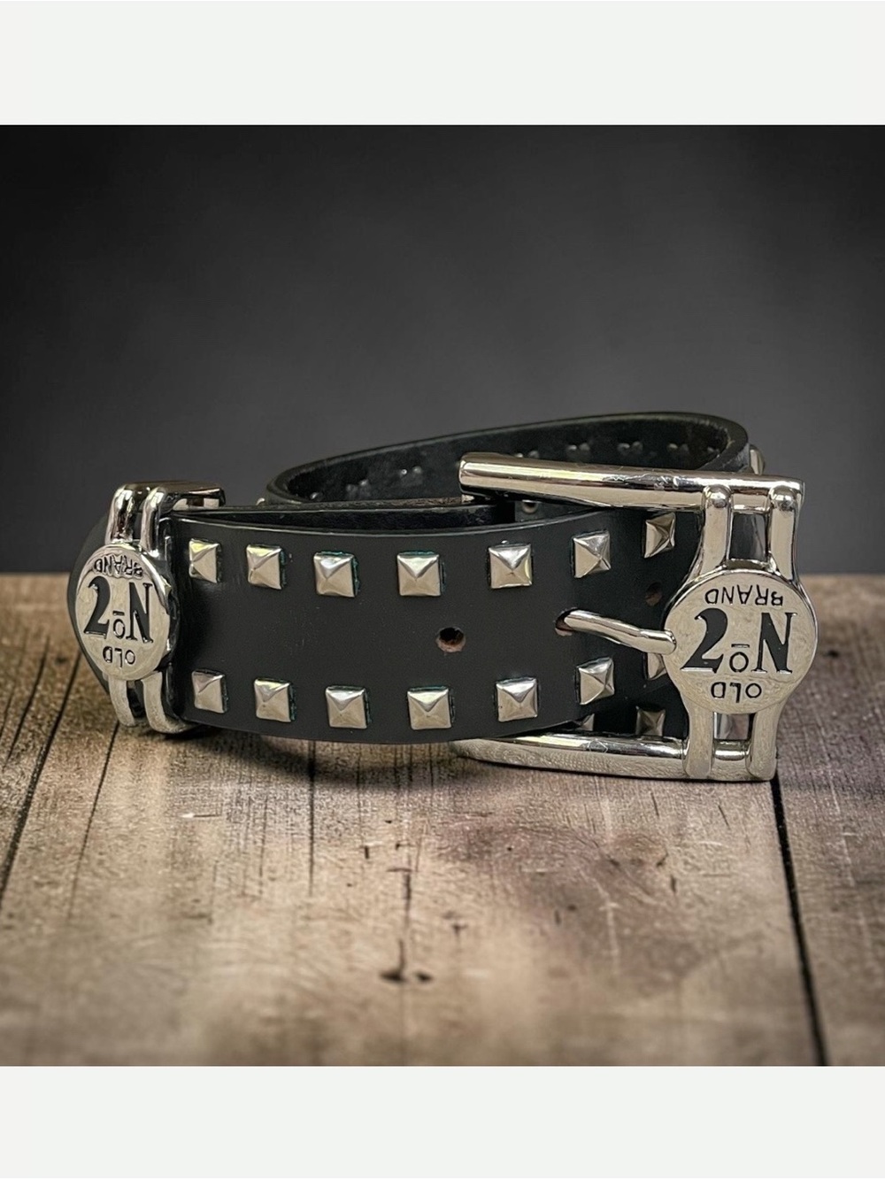 RARE Jack Daniel’s “Old No 7” Black Leather Belt with Silver Studs, 34”